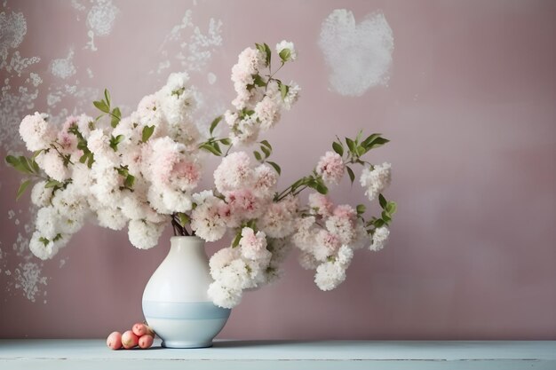 Een vaas met bloemen met daarachter een hartvormige wolk