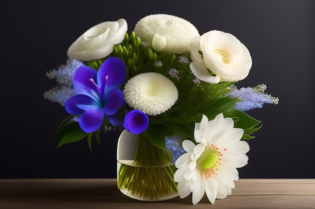 Een vaas met bloemen met een blauwe bloem erop