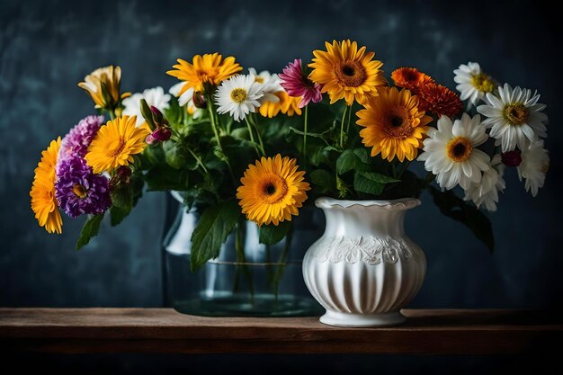 Foto een vaas met bloemen met een donkere achtergrond