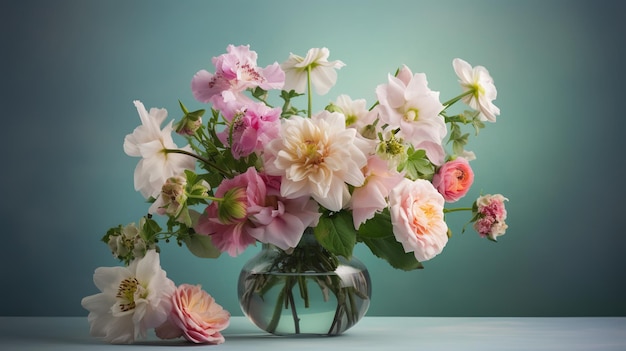 Een vaas met bloemen met een groene achtergrond