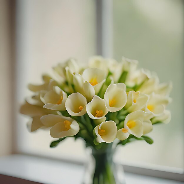 een vaas met bloemen met een raam achter hen