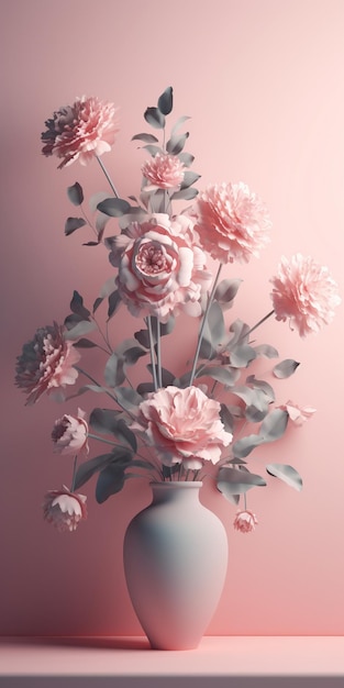 Een vaas met bloemen met een roze bloem erop