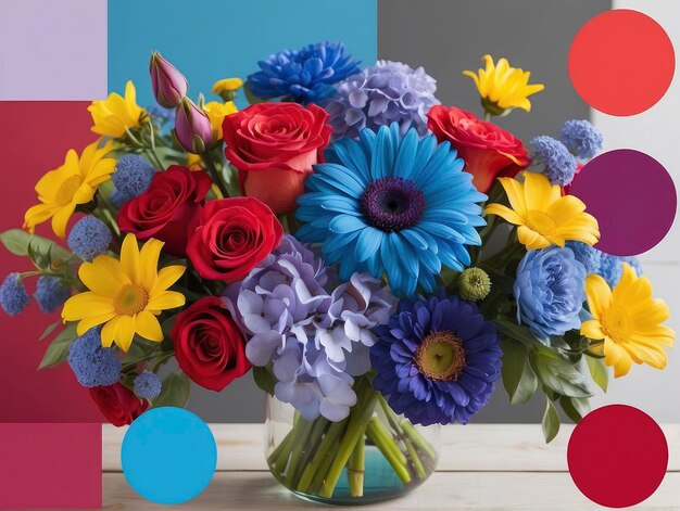 een vaas met bloemen met een stippenachtergrond op de achtergrond en een kleurrijke achtergrond