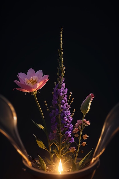 Een vaas met bloemen met een zwarte achtergrond en een paarse bloem in het midden.