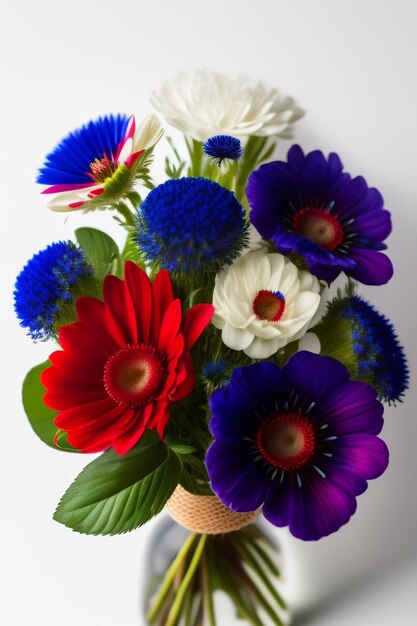 Een vaas met bloemen met rode, witte en blauwe bloemen.