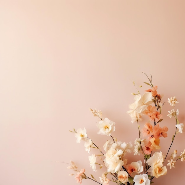 Een vaas met bloemen met witte en oranje bloemen voor een roze muur.