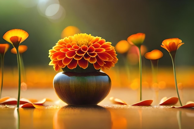 Een vaas met bloemen op de tafel en de zon erachter.