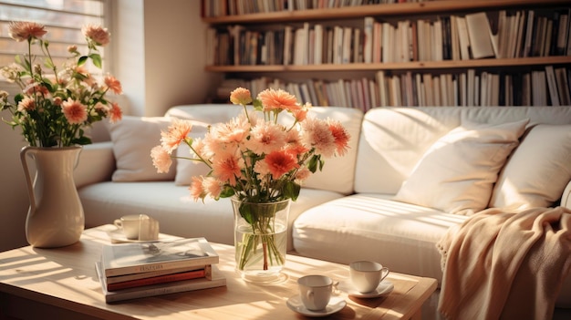 een vaas met bloemen op een salontafel met een boek op tafel.