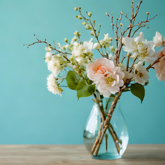 een vaas met bloemen op een tafel en een blauwe achtergrond