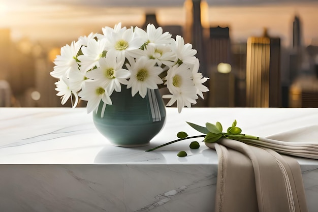 Een vaas met bloemen op een tafel en een stad op de achtergrond.