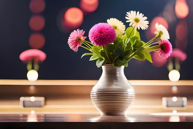 een vaas met bloemen op een tafel en een zwarte achtergrond met een wazige achtergrond
