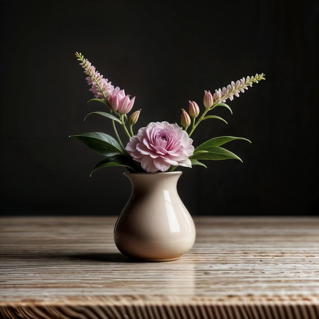 Een vaas met bloemen op een tafel en een zwarte achtergrond