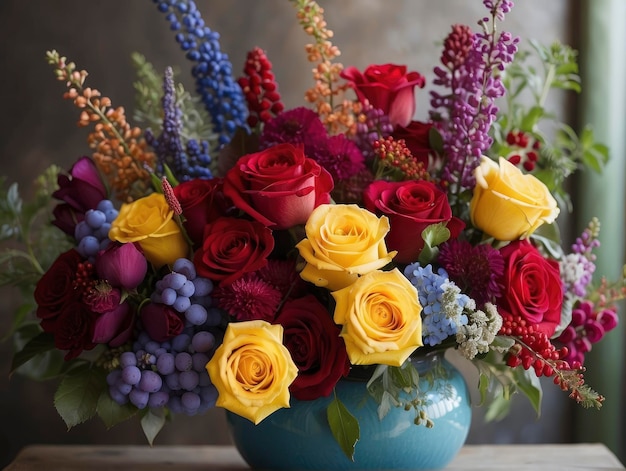 een vaas met bloemen op een tafel met een raam op de achtergrond