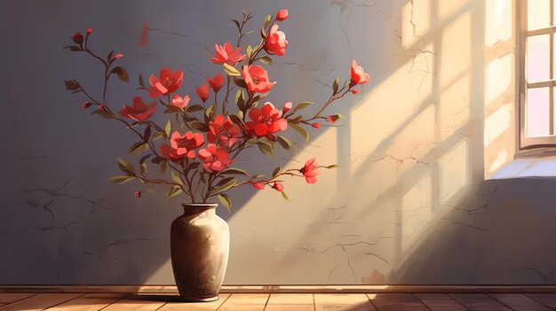 Een vaas met bloemen staat in een kamer met een behang waarop "lente" staat.
