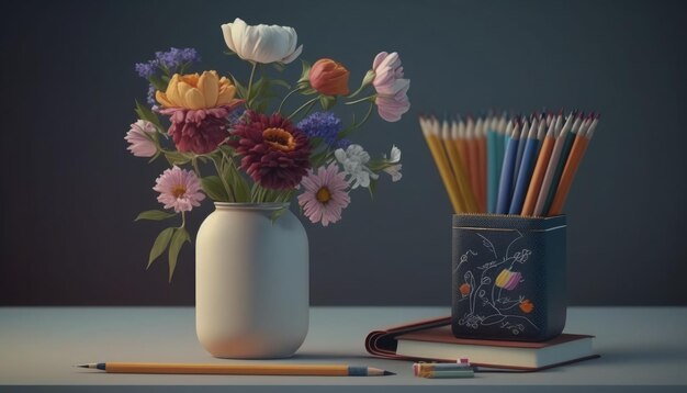 Een vaas met bloemen staat naast een etui.