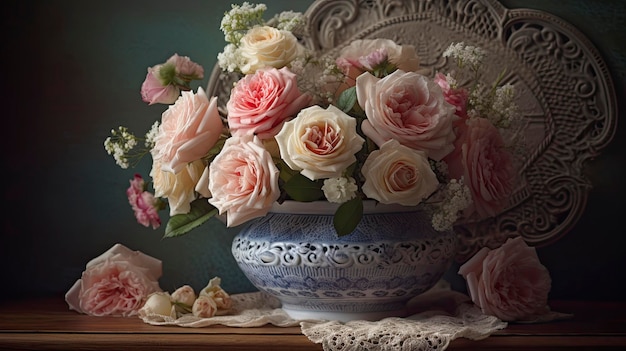 Een vaas met bloemen staat op een tafel met een kanten gordijn.