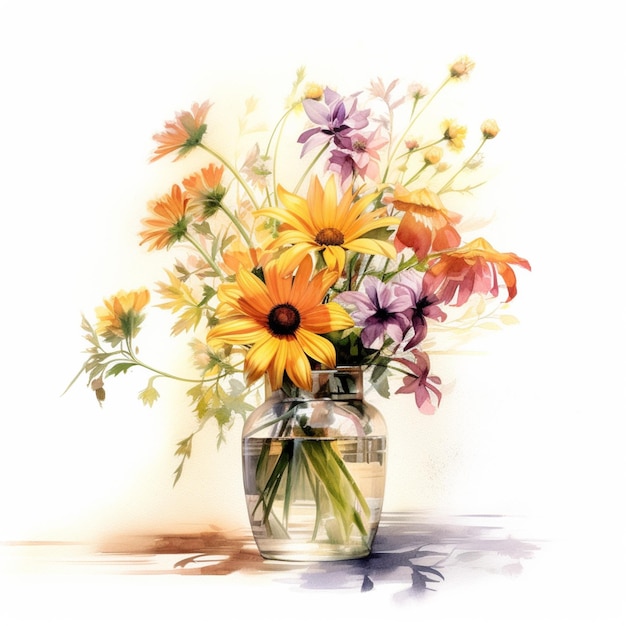 Een vaas met bloemen staat op een tafel met een witte achtergrond.