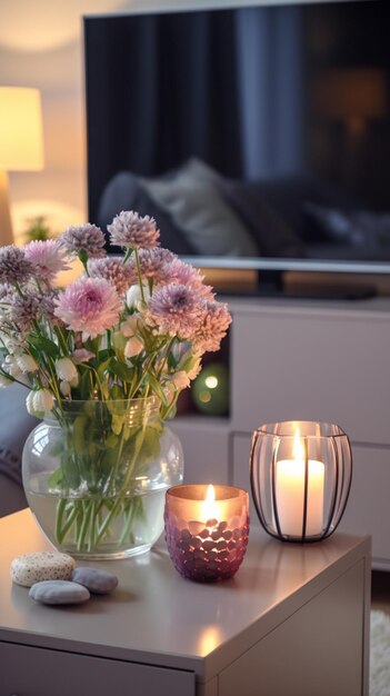 Een vaas met bloemen staat op een tafel naast een kaars.