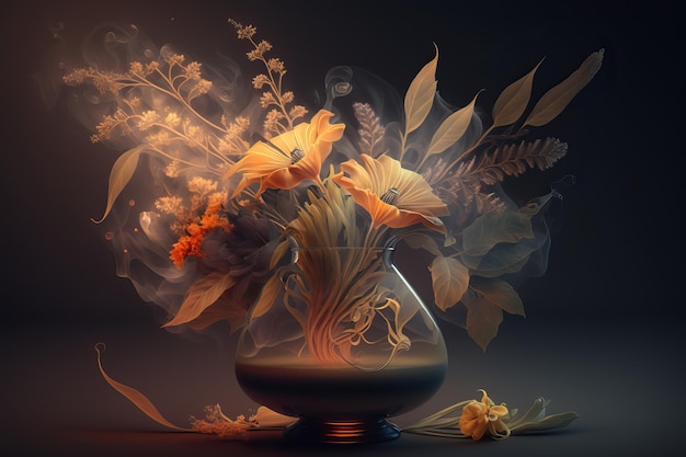 Een vaas met bloemen wordt omgeven door een lampje dat brandt.