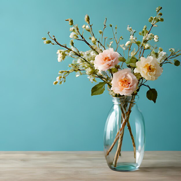 Foto een vaas met bloemen zit op een tafel met een blauwe achtergrond