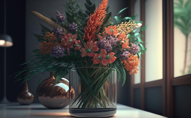 Een vaas met een boeket jungle bloemen op een tafel in de woonkamer achtergrond ai gegenereerd