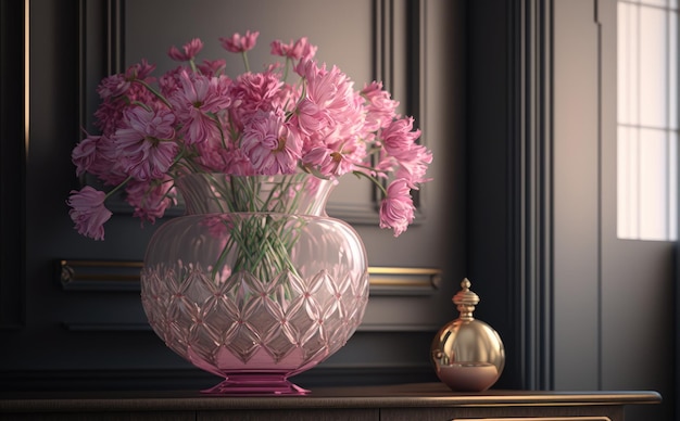 Een vaas met een boeket roze bloemen op een tafel in de woonkamer achtergrond ai gegenereerd