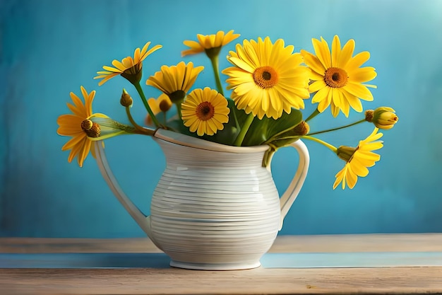 een vaas met gele bloemen erin en het woord " erop.