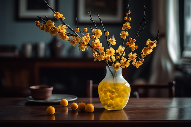 Een vaas met gele bloemen met een bos sinaasappels op een tafel.