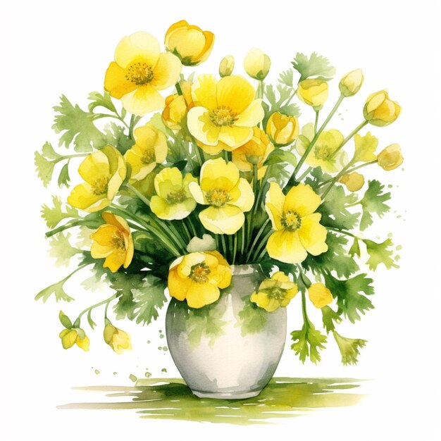 Een vaas met gele bloemen met groene bladeren en een witte achtergrond.