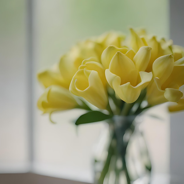 een vaas met gele bloemen met het woord "ik hou van je" aan de onderkant