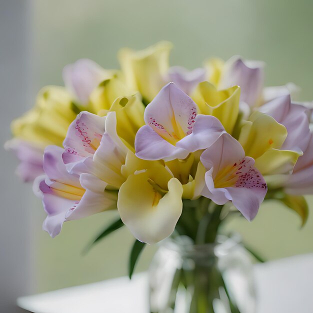 Foto een vaas met gele en paarse bloemen met het woord 