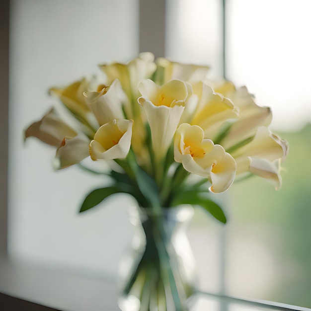 een vaas met gele en witte bloemen met de woorden " tulpen " aan de onderkant