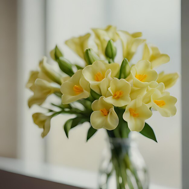 een vaas met gele en witte bloemen met een raam erachter