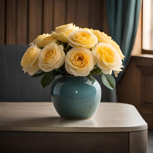 Een vaas met gele rozen op een 'houten tafeltje' bij het raam