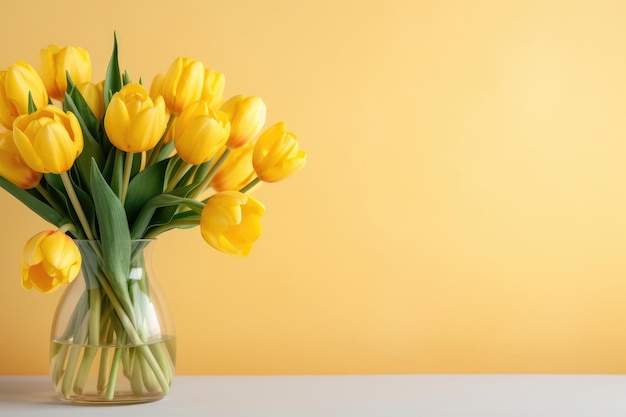 een vaas met gele tulpen met groene bladeren voor een gele achtergrond.