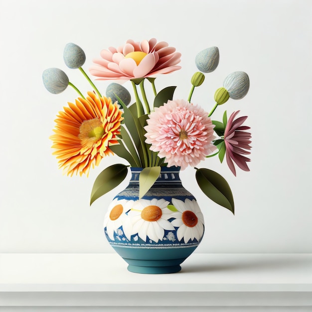 Een vaas met kleurrijke bloemen staat op een tafel met een witte achtergrond