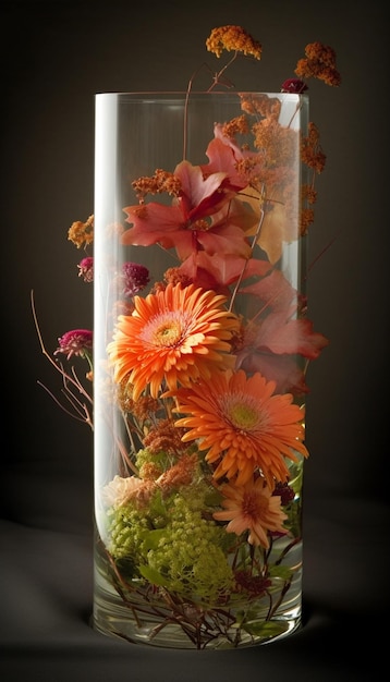 Een vaas met oranje bloemen en bladeren erin