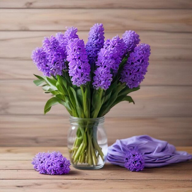 Foto een vaas met paarse bloemen zit op een houten tafel