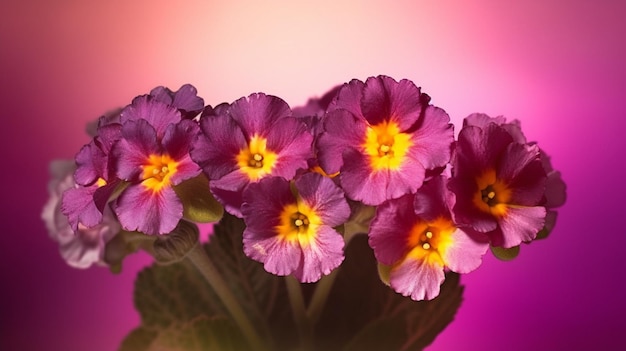 Een vaas met paarse en gele bloemen met een roze achtergrond.