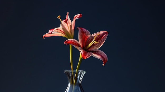 Een vaas met rode bloemen wordt getoond met een donkere achtergrond.