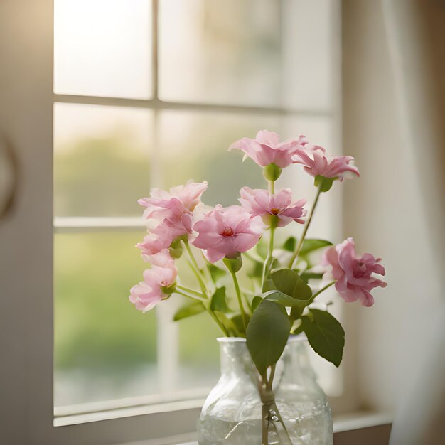 een vaas met roze bloemen erin en een klok op de muur erachter