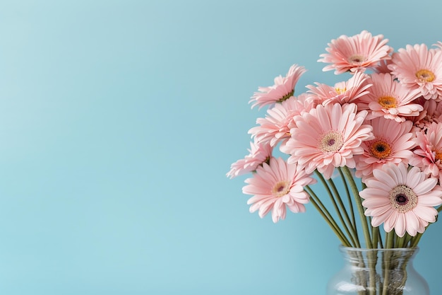 Een vaas met roze bloemen op een blauwe achtergrond