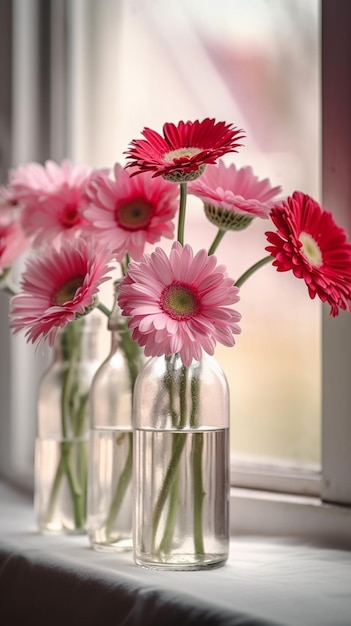 Een vaas met roze bloemen staat naast een raam met een groene steel.