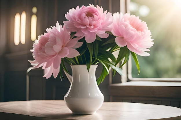 Een vaas met roze bloemen staat op een tafel voor een raam.