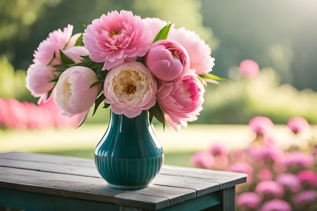 Een vaas met roze pioenrozen staat op een houten tafel voor een veld met roze bloemen.