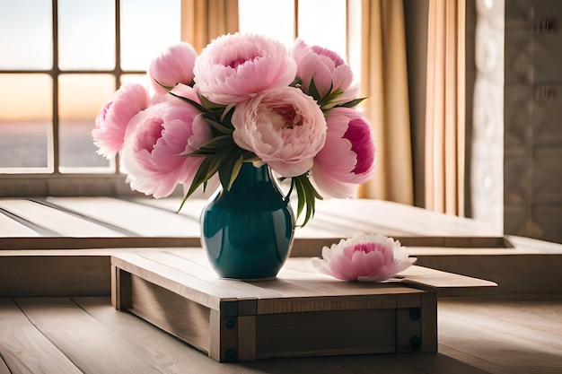 Een vaas met roze pioenrozen staat op een tafel voor een raam.