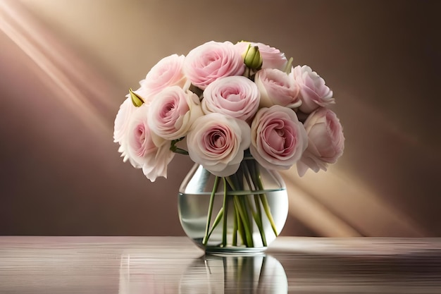 Een vaas met roze rozen erin en een reflectie op een tafel.