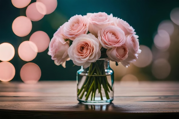 een vaas met roze rozen met een groene achtergrond achter hen