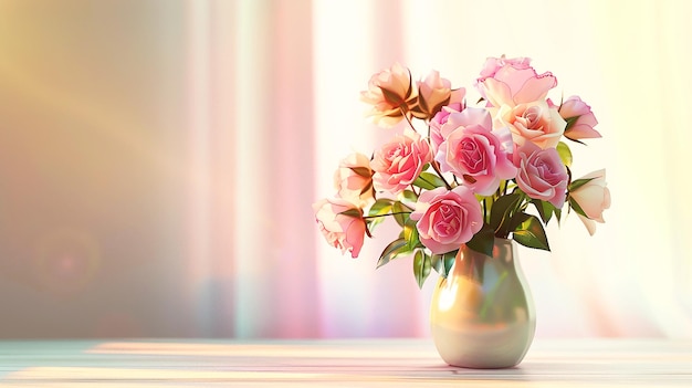 een vaas met roze rozen met een roze achtergrond en een wit gordijn erachter