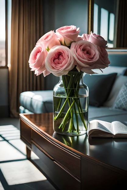 Een vaas met roze rozen staat op een tafel naast een boek in de woonkamer